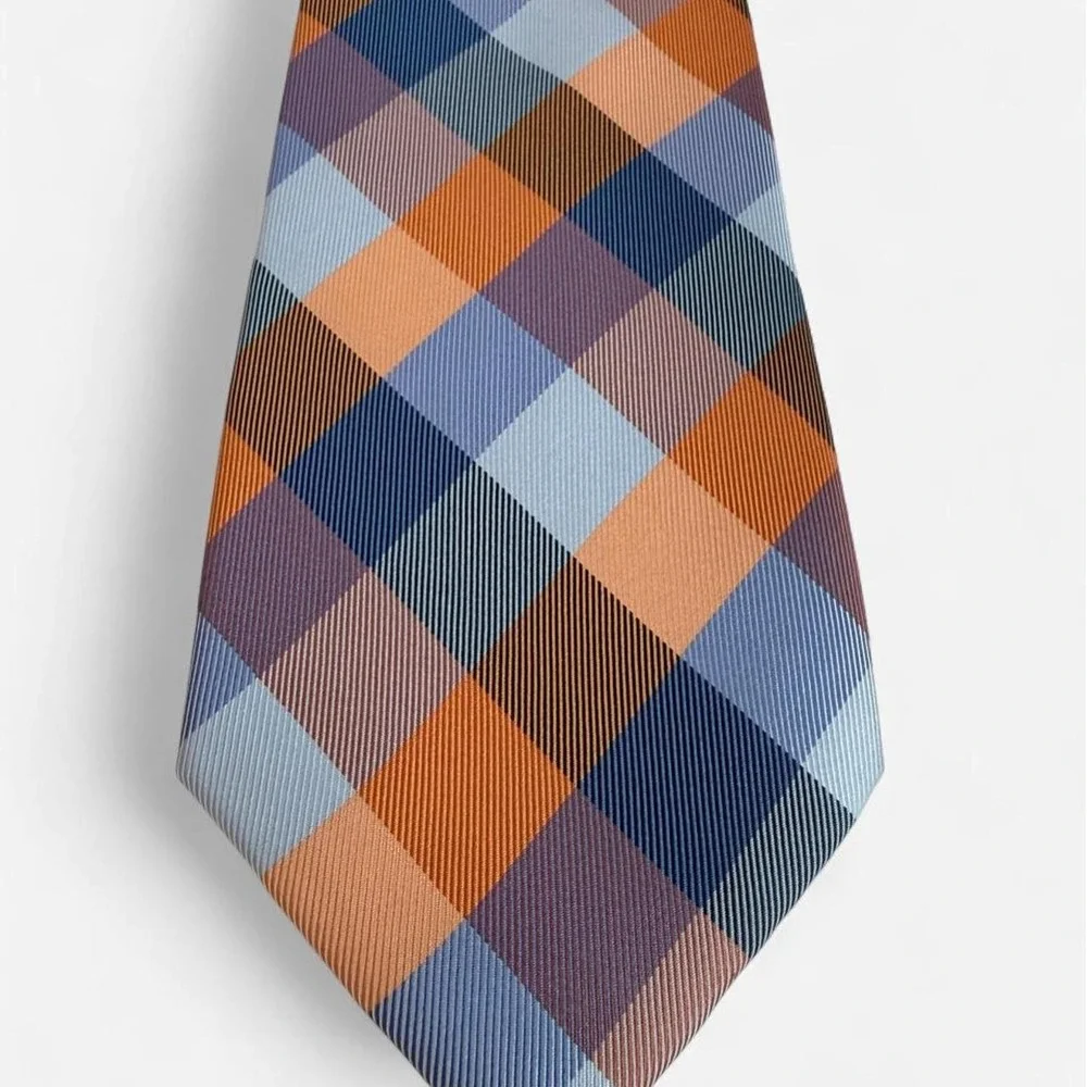 Tommy Hilfiger Mens Silk Tie Blue Orange Purple Plaid Wedding Office Business